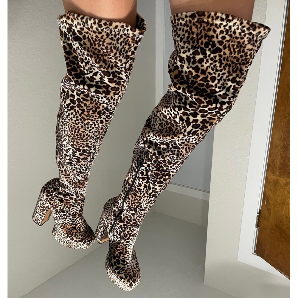 Shellys London Leopard Cheetah Print Velvet Thigh High Platform Boots